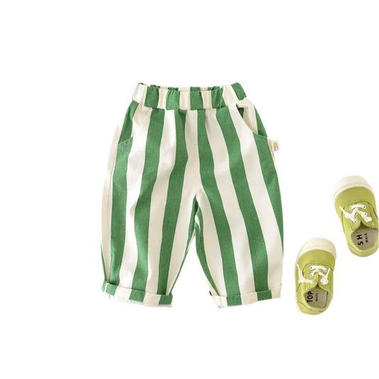 Light cotton pants for children with a cute vertical pattern in white and green stripes.
