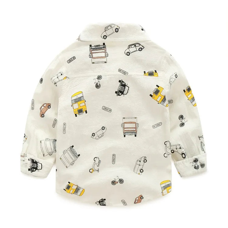 Easy iron White broadcloth boys button down collar shirt with old car graphics.