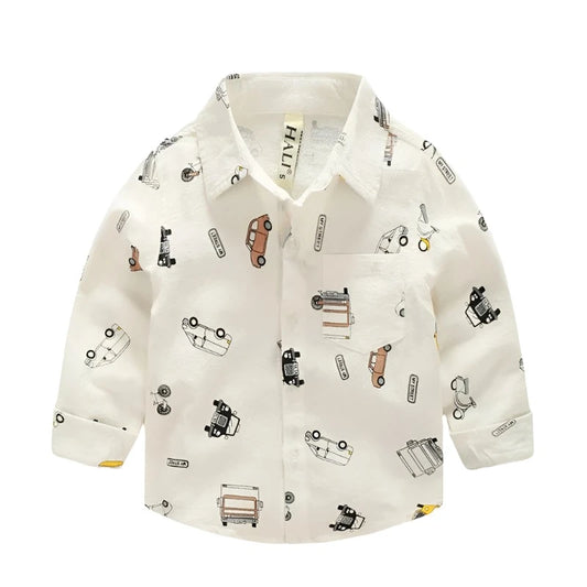 White broadcloth boys button down collar shirt with old car graphics.