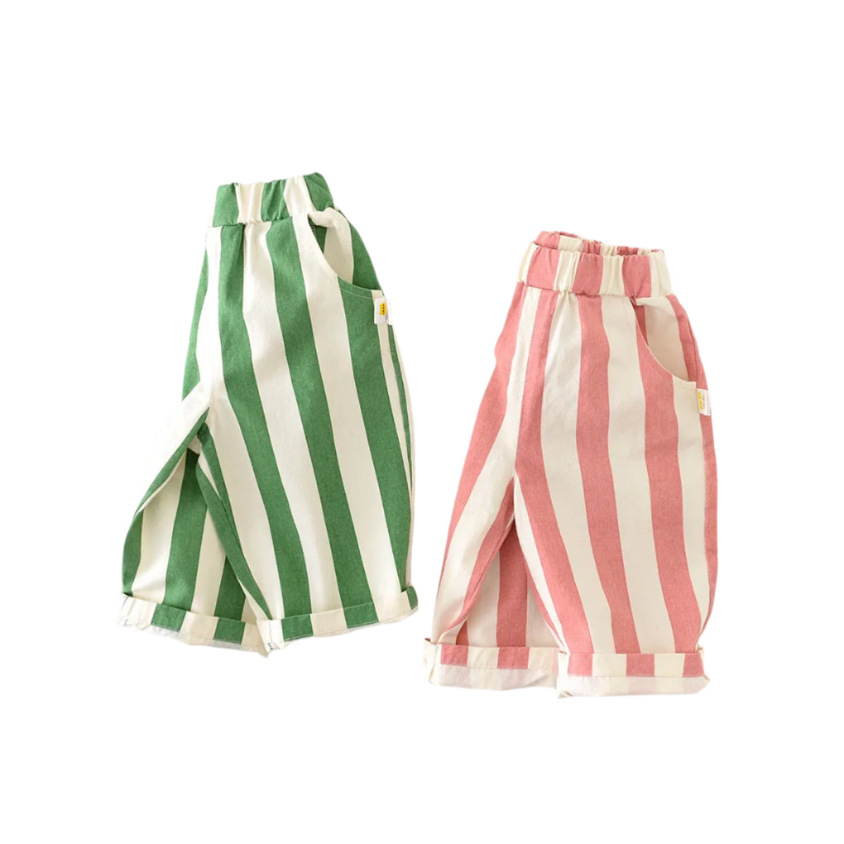 Light cotton pants for children with a cute vertical pattern in white and green/pink stripes.
