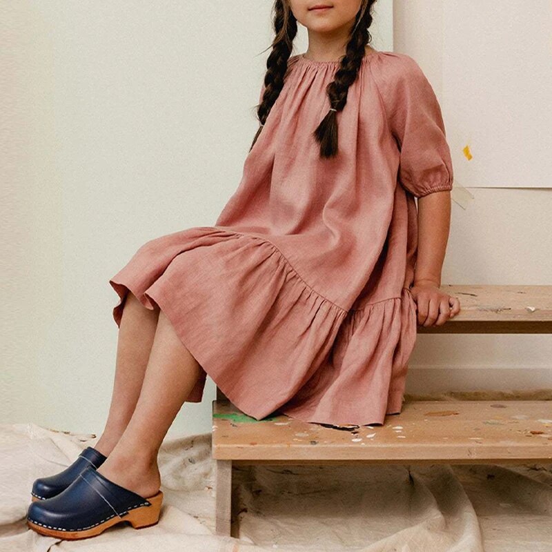 Girls Soft Linen Ruffle Dress
