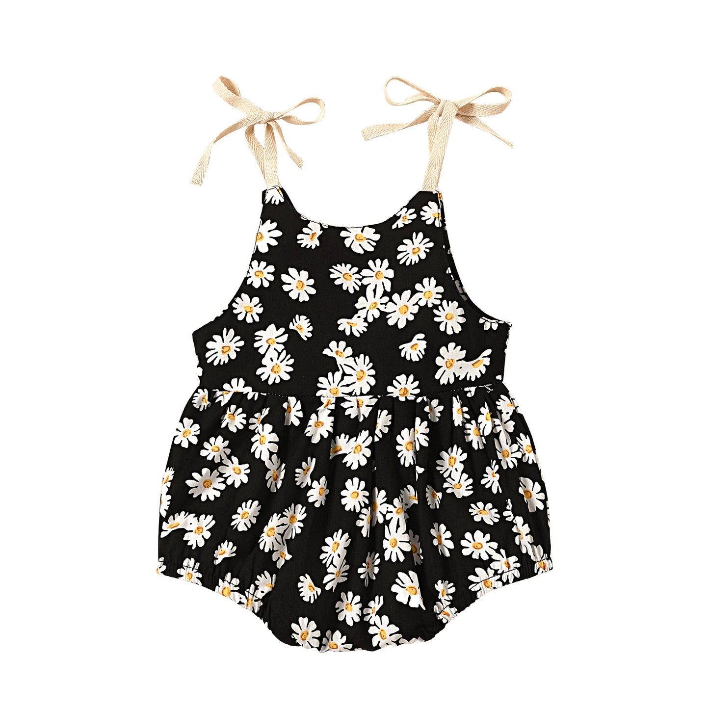 45699208052949|45699208085717|45699208118485|45699208184021|45699208216789Cute infant romper for summer in 3 styles, pink qnd white. Ties at the shoulder and snaps at the bottom. black with sunflowers
