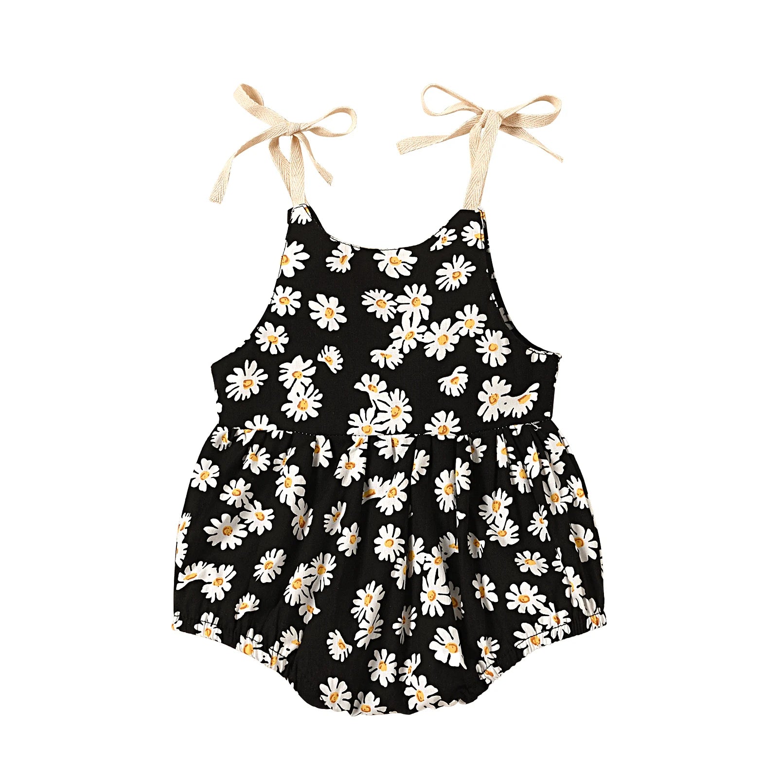 45699208052949|45699208085717|45699208118485|45699208184021|45699208216789Cute infant romper for summer in 3 styles, pink qnd white. Ties at the shoulder and snaps at the bottom.  black with sunflowers