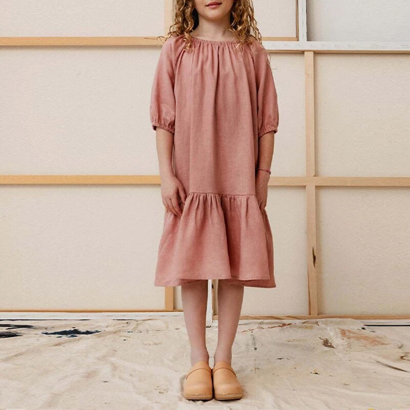 Girls Soft Linen Ruffle Dress