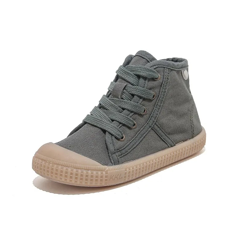 Green kids running shoes, lace up high tops sneekers, kicks