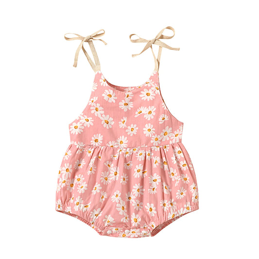 Cute infant romper for summer in 3 styles, pink qnd white. Ties at the shoulder and snaps at the bottom.