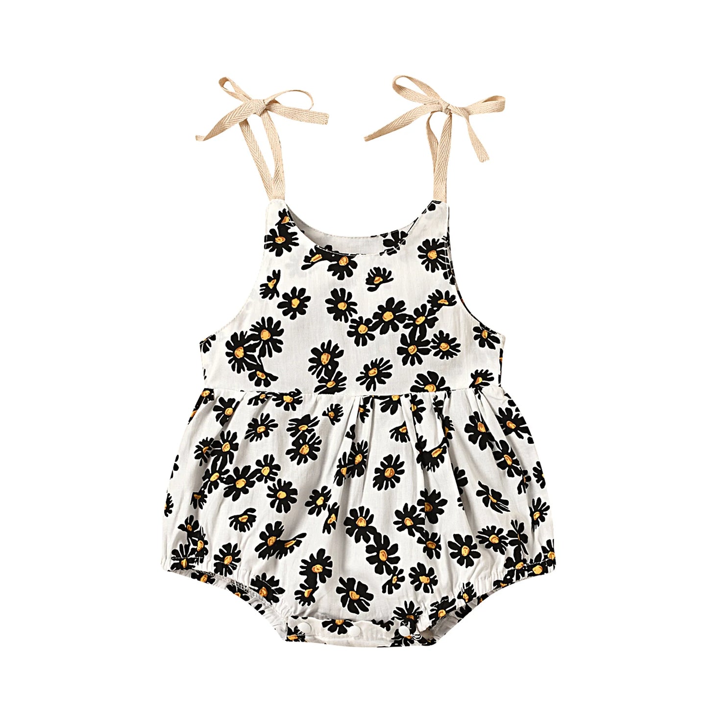 Cute infant romper for summer in 3 styles, pink qnd white. Ties at the shoulder and snaps at the bottom. white with black flowers that are yellow in the middle