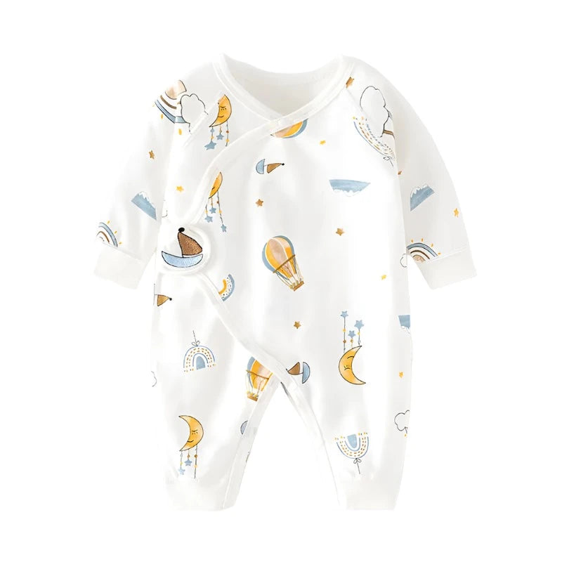 newborn kimono style infant sleeper pyjamas with sailboats, hot air baloons and moons.