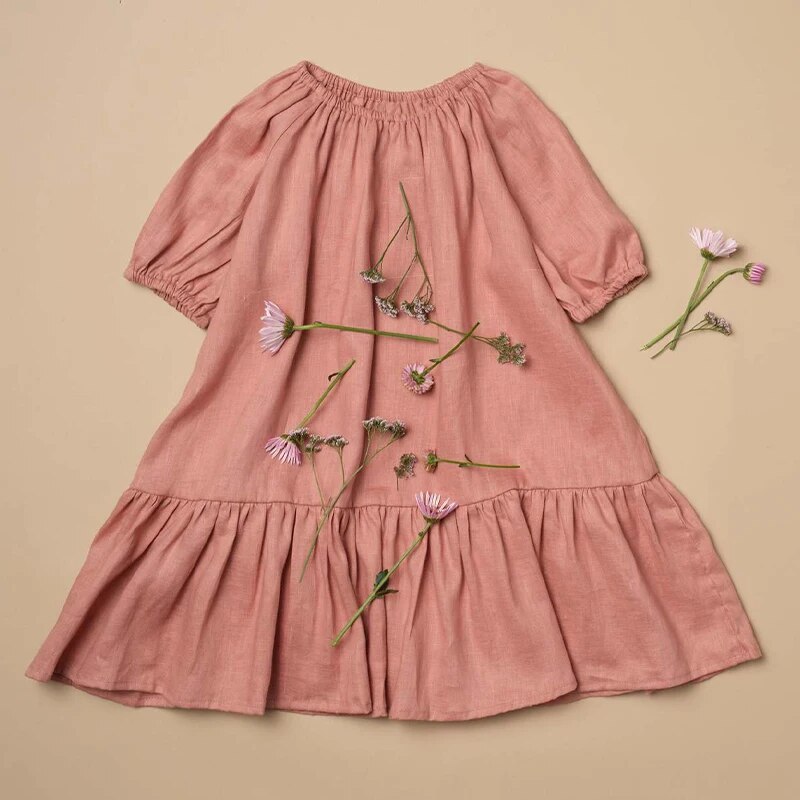 Girls Soft Linen Ruffle Dress