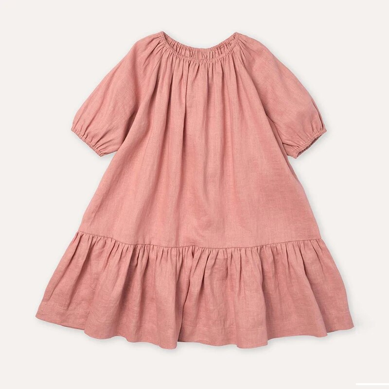 Girls Soft Linen Ruffle Dress