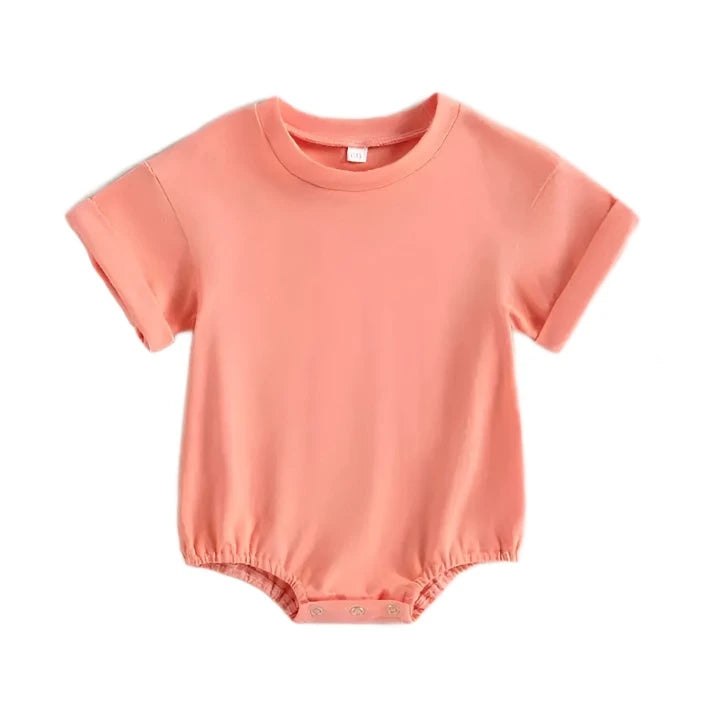 Orangy pink Tshirt bodysuit with elastic legs and a snap bottom.