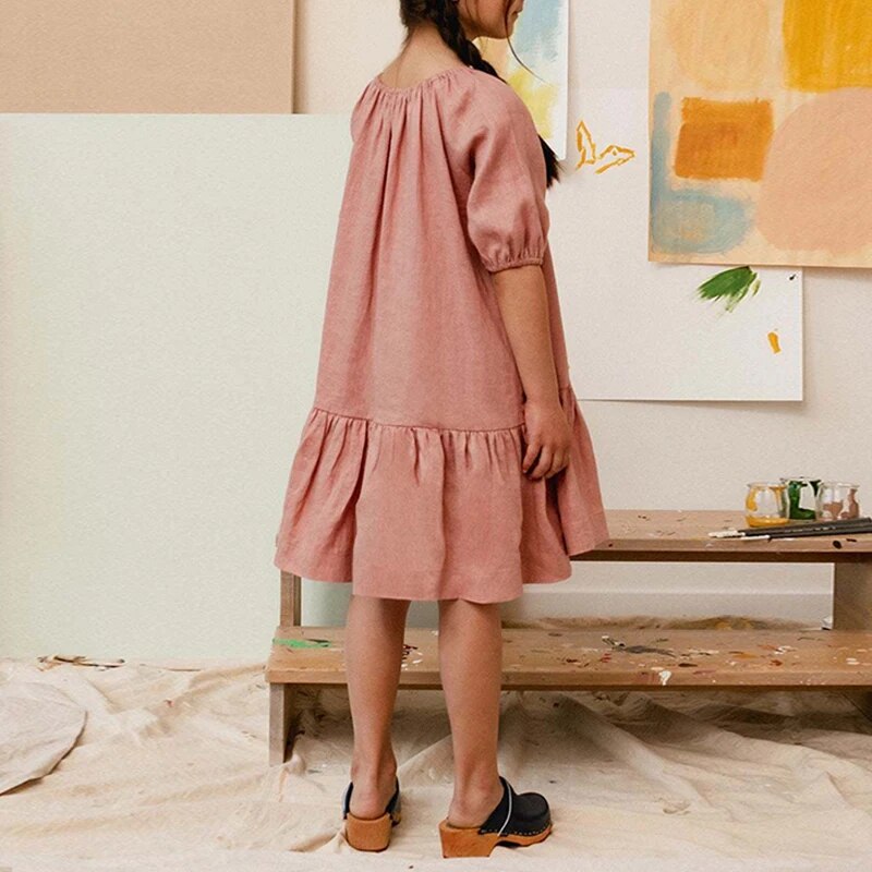 Girls Soft Linen Ruffle Dress