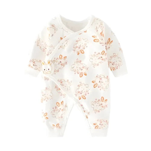 newborn kimono style infant sleeper pyjamas with beige bunnies.