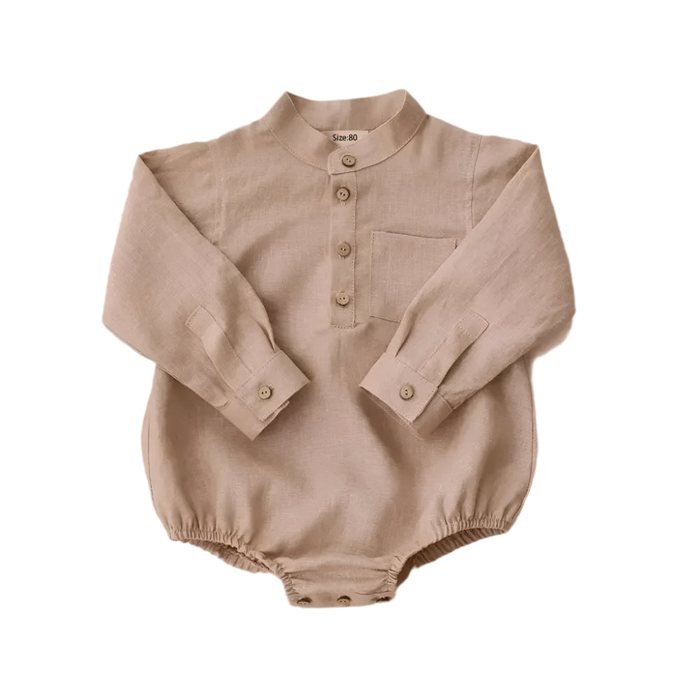 Beige toddler linen shirt with a button up collar, snap botton, elastic legs and long sleeves.