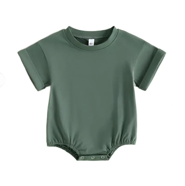 green Tshirt bodysuit with elastic legs and a snap bottom.