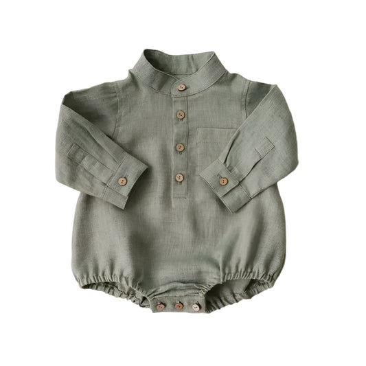 Infant linen shirt bodysuit in green.