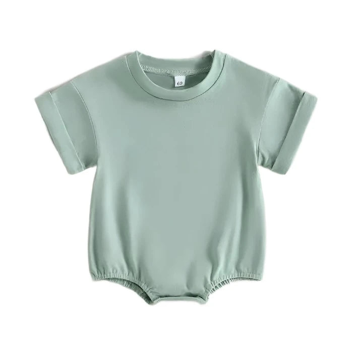 light green Tshirt bodysuit with elastic legs and a snap bottom.