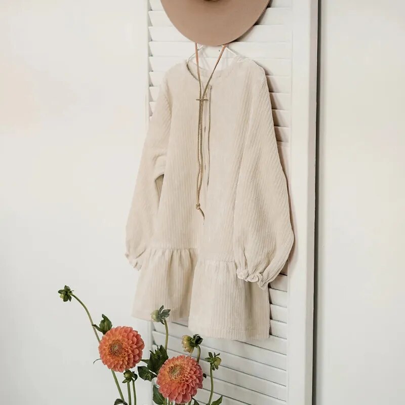 Retro Corduroy Buttons Front A-Line Jacket Dress