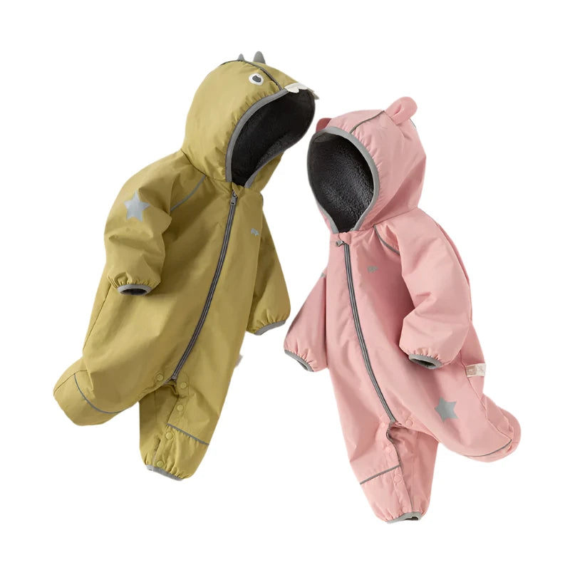 Infant snow suit by Dave and Bella, green dinosaur and pink bear.