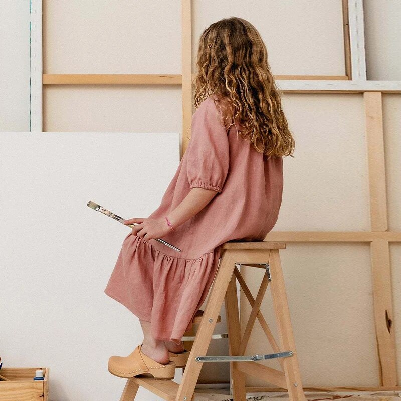 Girls Soft Linen Ruffle Dress