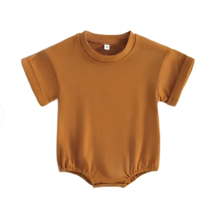 Orangy brown Tshirt bodysuit with elastic legs and a snap bottom.