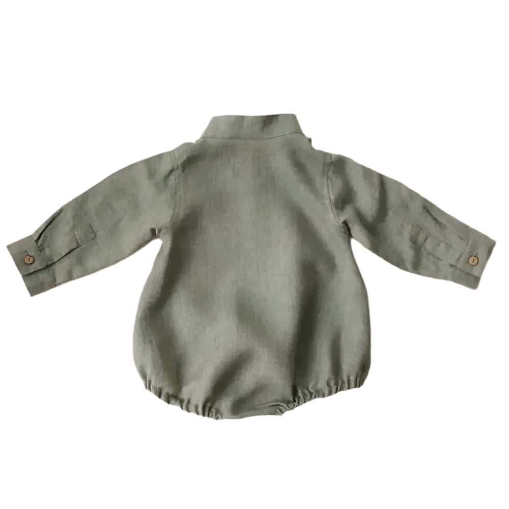 Baby linen shirt in green with button up cuffs, elastic legs and snap crotch