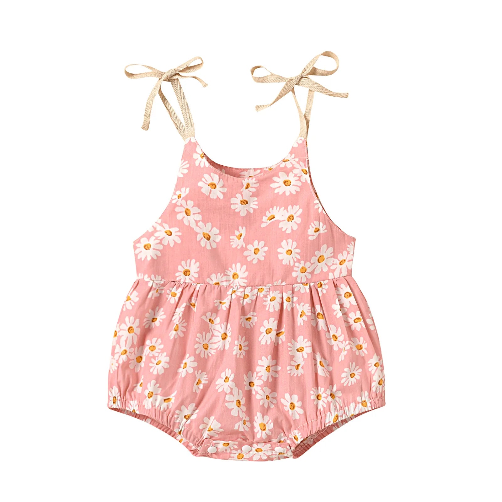 pink with sunflowers Cute infant romper for summer in 3 styles, pink qnd white. Ties at the shoulder and snaps at the bottom.