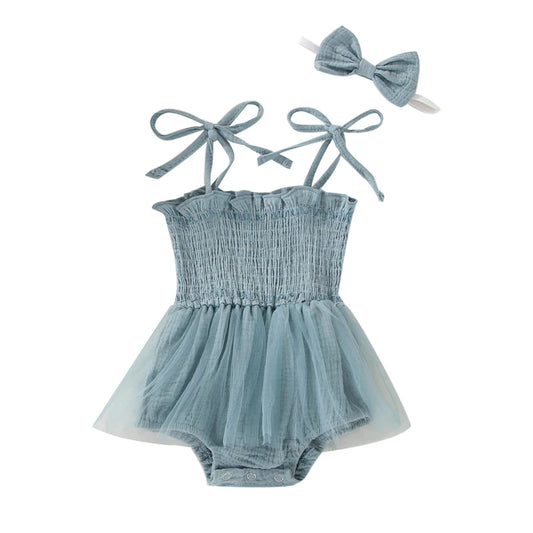 Infant Blue bodysuit with ties at the shoulder, snap bottom and a tulle skirt. 