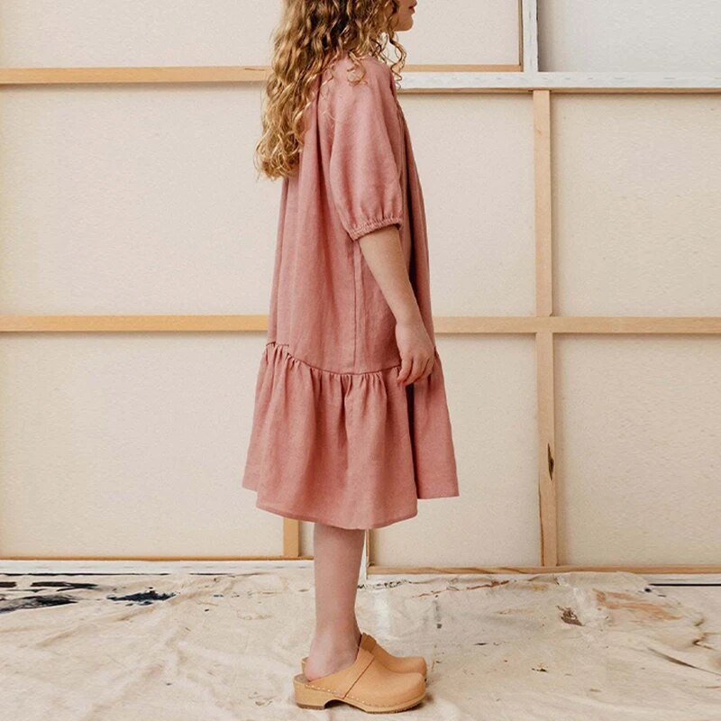 Girls Soft Linen Ruffle Dress