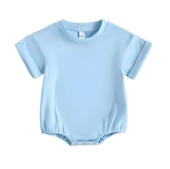 light blue Tshirt bodysuit with elastic legs and a snap bottom.