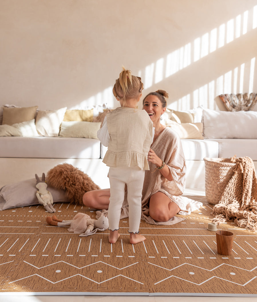 girl playing with her mom on Camel Color Berber Prettier Playmat