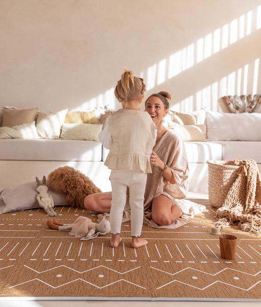 girl playing with her mom on Camel Color Berber Prettier Playmat
