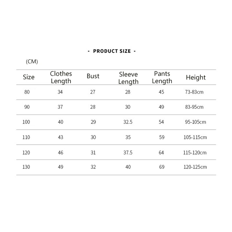 Size chart for kids 12m to 6y