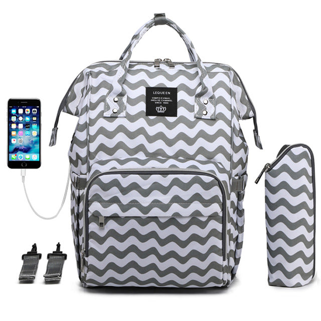 Zebra stripe diaper bag and backpack with an insulated waterbottle pouch, a USB charger for your phone and multiple pockets.