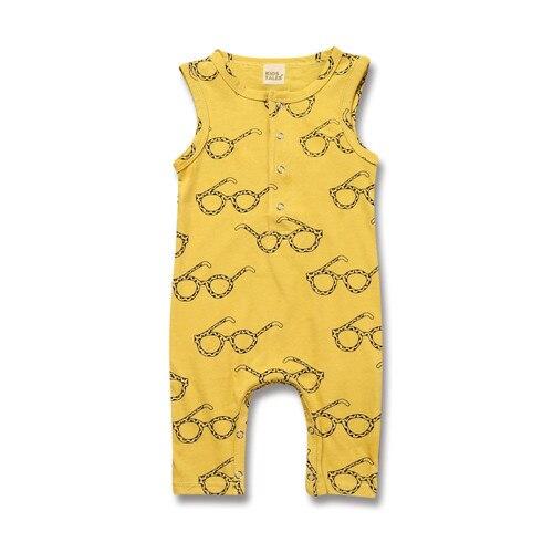 Unisex baby and toddler Rompers  snap bottom  and half snap front that is fully sleeveless in yellow with a glasses graphic