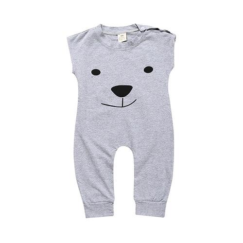 baby toddler sleeveless long pants romper in grey with snaps on one side of the neck with a bear face graphic in the front