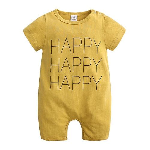 Unisex baby and toddler Rompers  snap bottom  that has short sleeves and pant legs in yellow with happy written in it 3 timesm stacked up