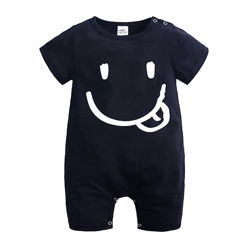 Unisex baby and toddler Rompers  snap bottom  short sleeves and shorts in black with a happy face wit the tongue out graphic