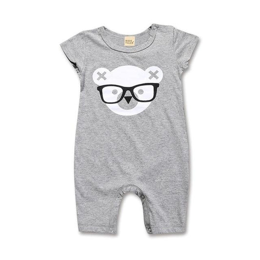 Unisex baby and toddler Rompers  snap bottom  in grey wit a teddy bear head with glasses graphic