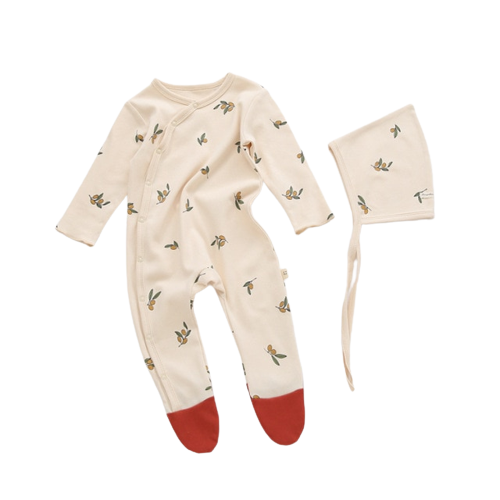 Ivory Infant sleeper with matching hat, with a flower graphic