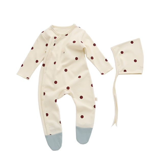 Ivory Infant sleeper with matching hat, with red dots
