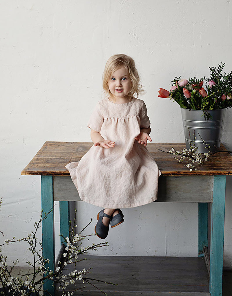 Ivory colored girls linen summer party dress in sises 18m to 9y