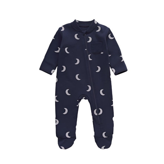 Dark blue sleeper baby with white half moons