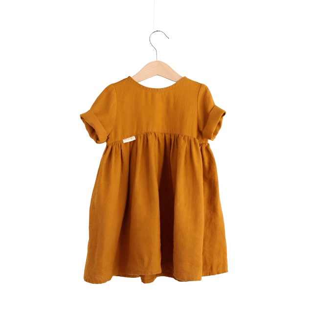 Orange girls linnen summer dress with an o neck, kalf length gathered skirt and rolled up short sleeves. 