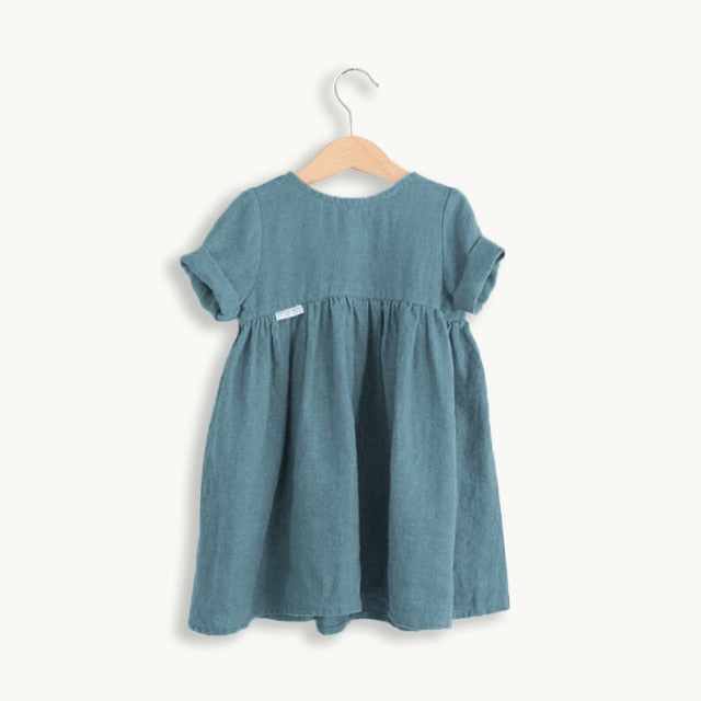 turquise short sleeved dress for ittle girls. Linen summer girls dress.