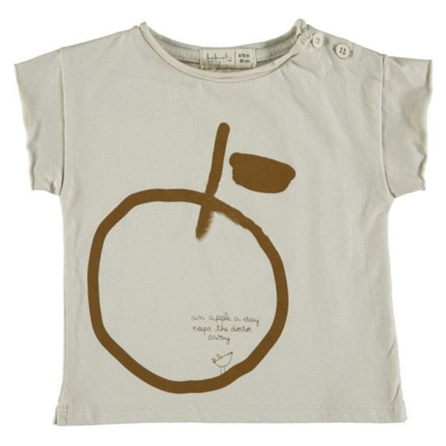 Babyclick beige T-Shirt with apple graphic in brown and buttons at the neck.