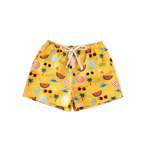toddler swim trunks with summer graphics yellow with sun glasses, watermellons, palm trees, water, boats