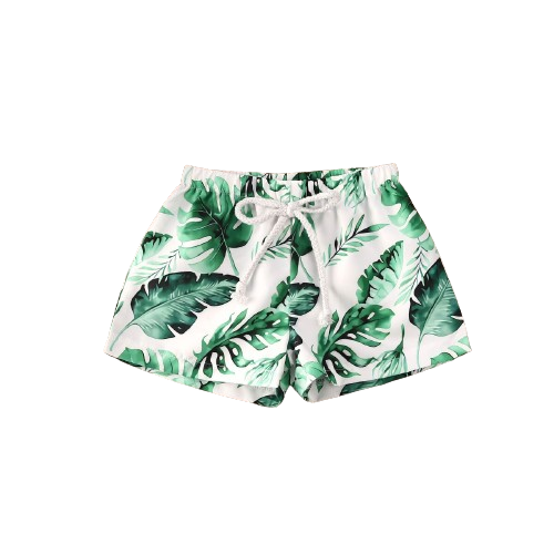 Boys white swim trunks with a leaf graphic
