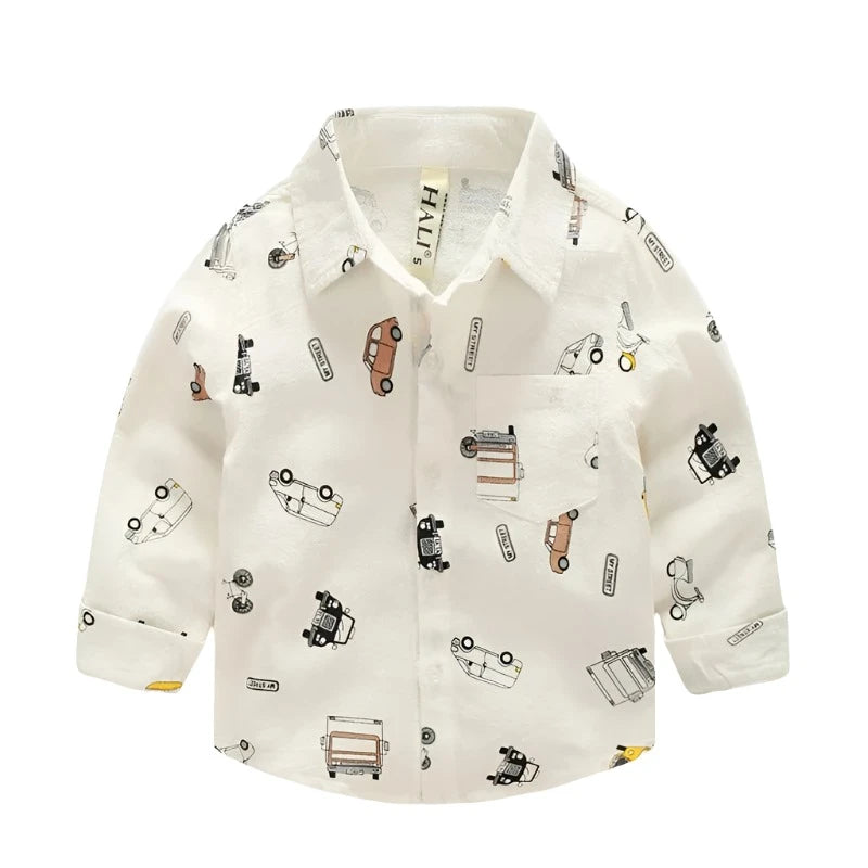 White broadcloth boys button down collar shirt with old car graphics. 