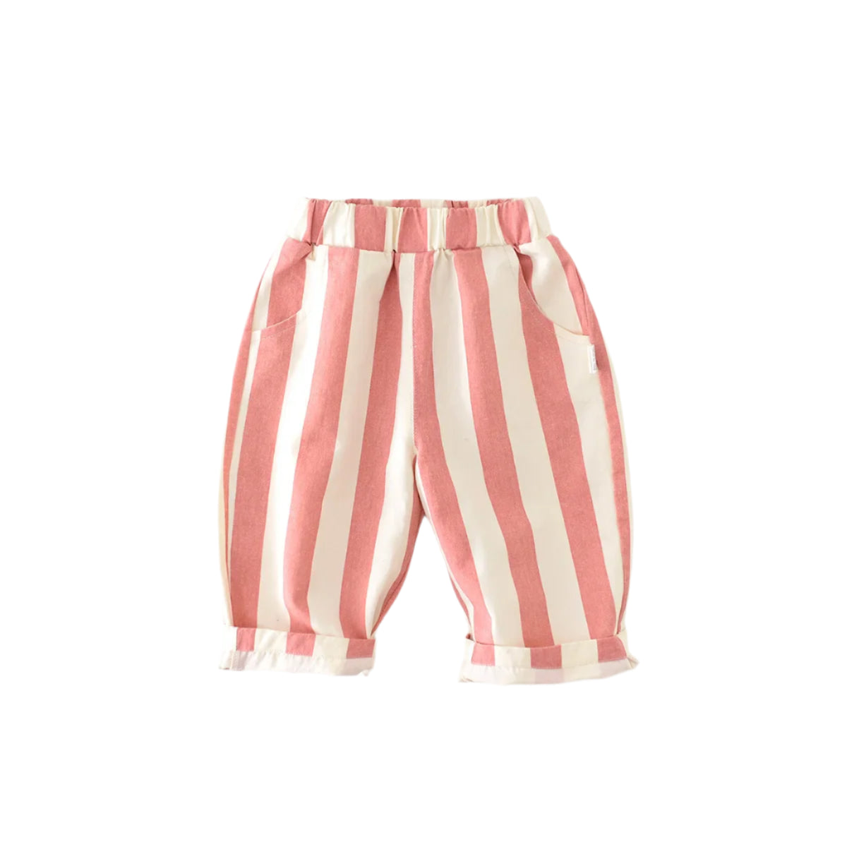 Light cotton pants for children with a cute vertical pattern in white and pink stripes. 